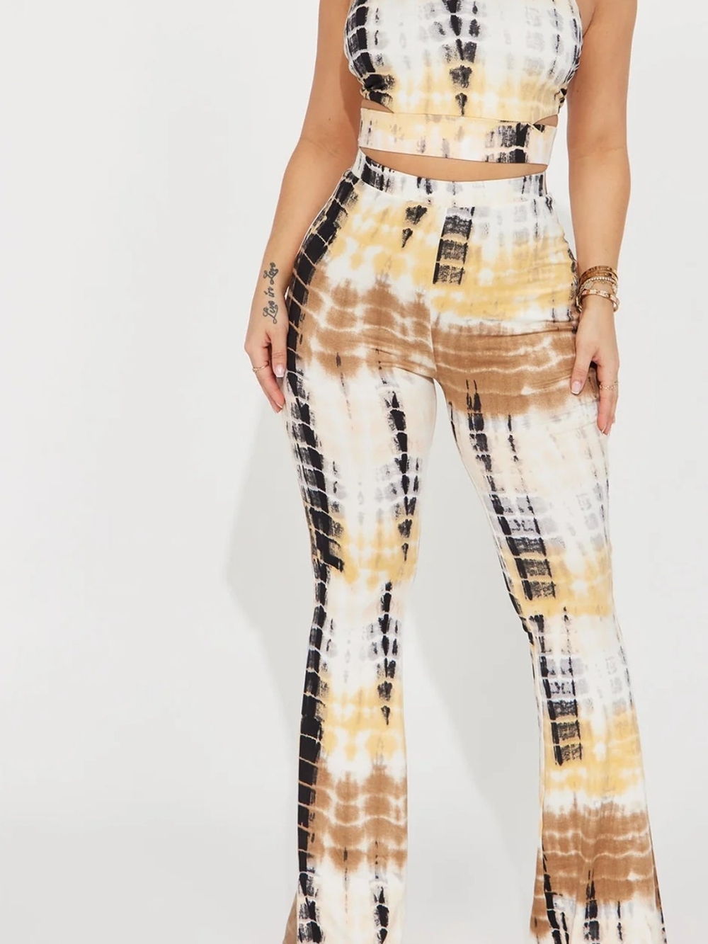 Fashion Nova Tie-Dye Flare Pants in Brown, Yellow & Black